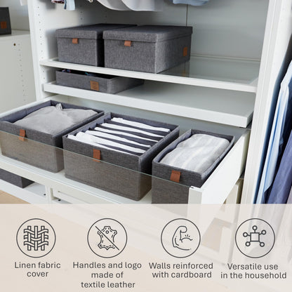 Love it Store it Premium Drawer Box, 2 Pieces, Fabric Wardrobe Organiser, Set of 6 Compartments, Grey, 30 x 30 x 15 cm