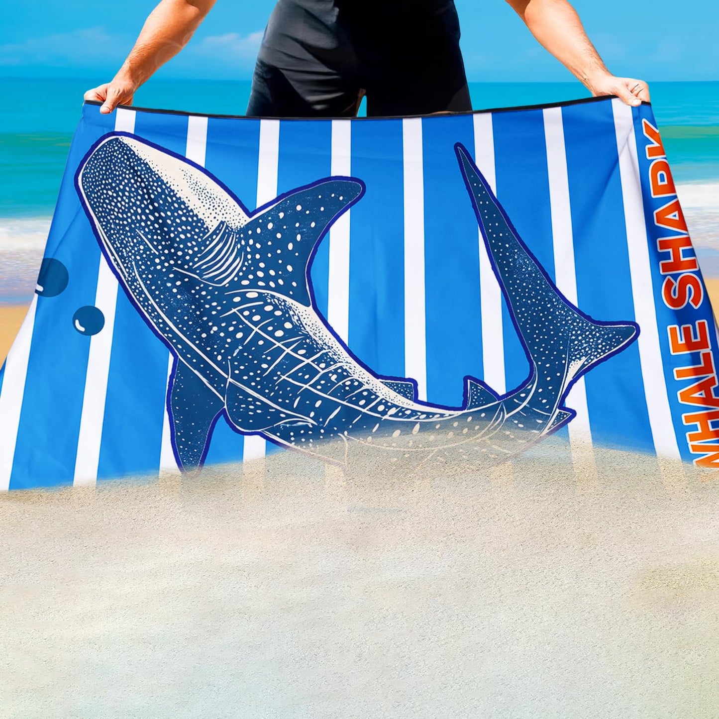 Violetpos Blue Stripe Whale Shark Beach Towel, Extra Large 180x90 cm 250GSM Microfibre, Sand Free Quick Dry