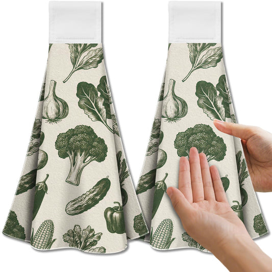 CUTHOLLOW Fruits Vegetables Tea Towels for Kitchen with Loop, Set of 2 - Soft & Super Absorbent Microfiber Decorative Hanging Dish & Hand Towel, Tea,