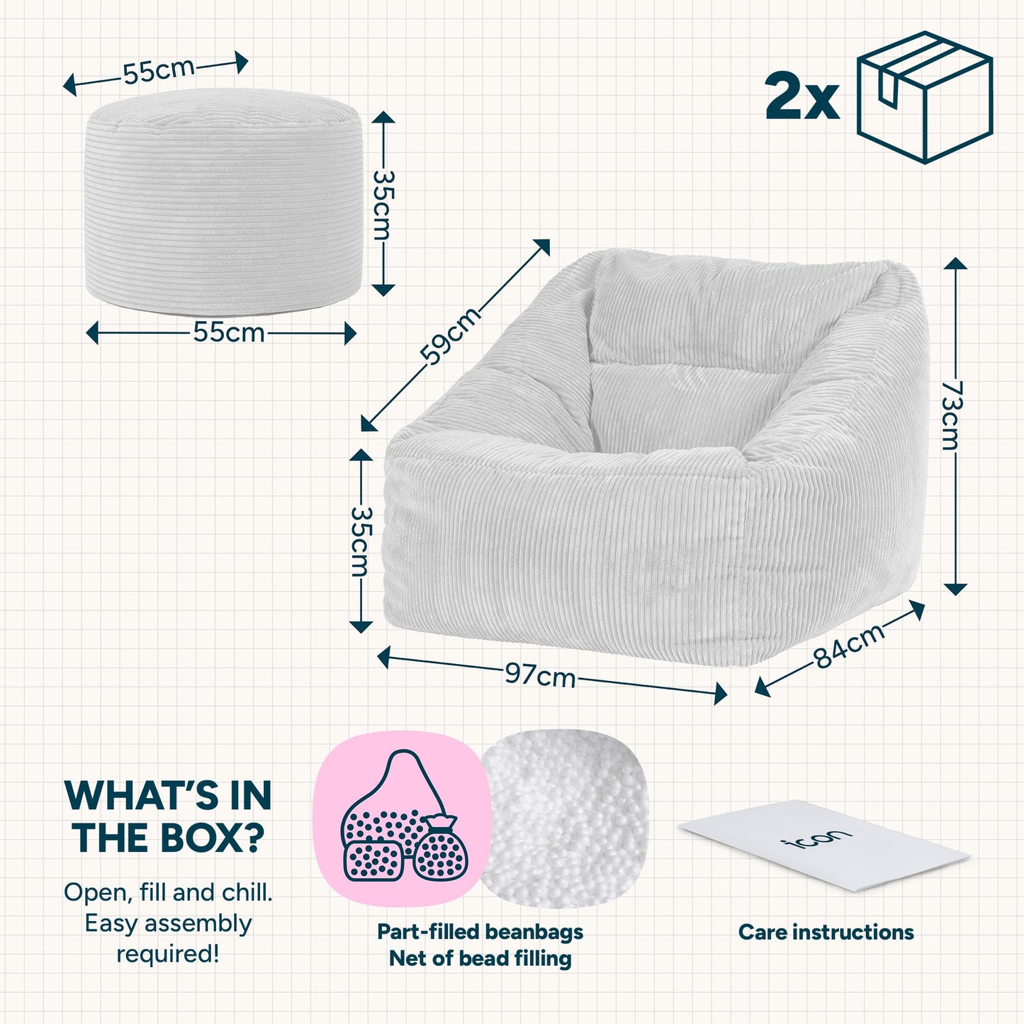 icon Natalia Cord Bean Bag Chair & Footstool with Filling Included, Beige