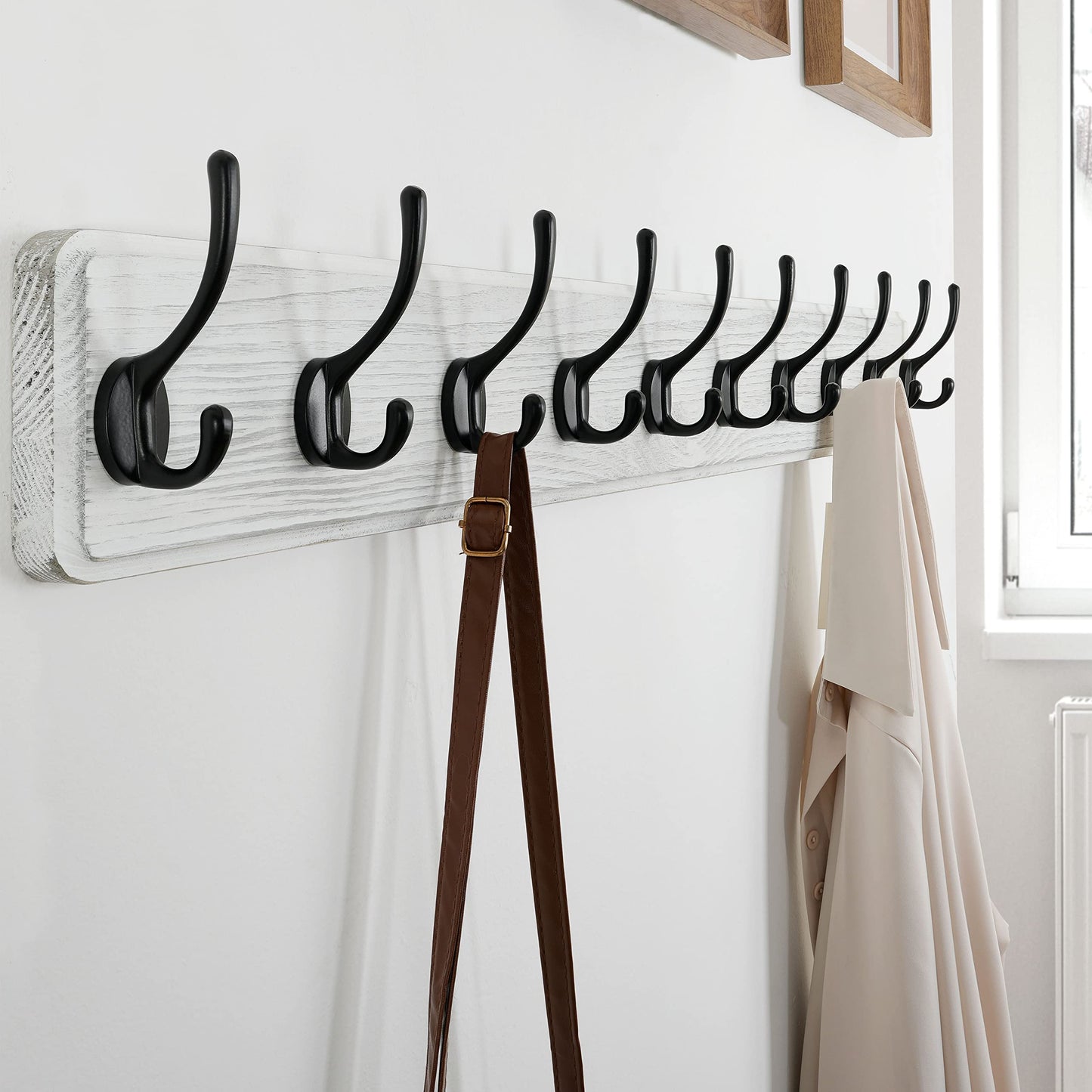 SKOLOO Farmhouse Style Wall Mounted Coat Rack, Wood Coat Hook Hanger - 10 Hooks for Hanging Clothes Robes Towels Coats