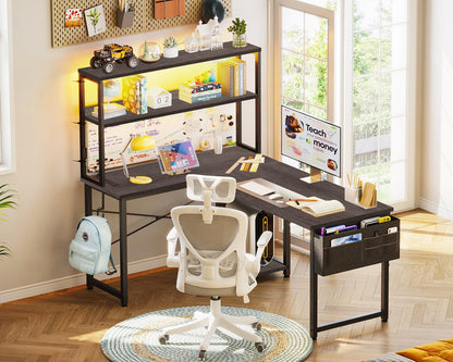Coleshome L Shaped Gaming Desk with LED Lights & Power Outlet, Grey