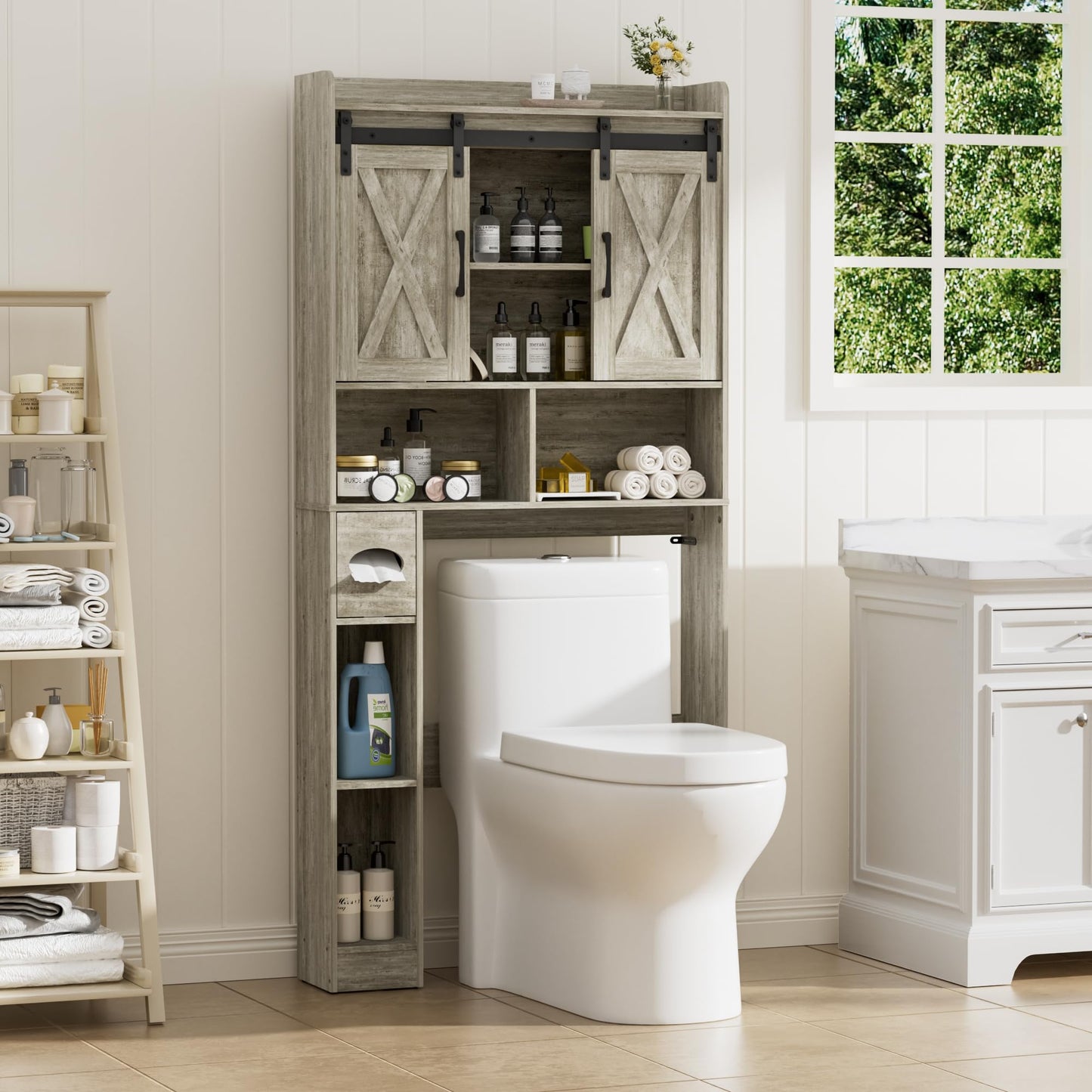 BonVache Over Toilet Storage Unit with 2 Sliding Door, Bathroom Storage Cabinet, Freestanding Toilet Space Saver with Adjustable Open Shelves, Laundry