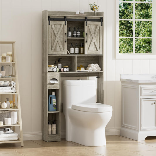 BonVache Over Toilet Storage Unit with 2 Sliding Door, Bathroom Storage Cabinet, Freestanding Toilet Space Saver with Adjustable Open Shelves, Laundry