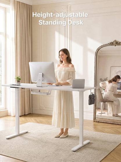 JUMMICO Standing Desk with Power Outlet 140 x 60 cm, Electric Height Adjustable Desk with 4 Memory Function, Sit-Stand Office Desk