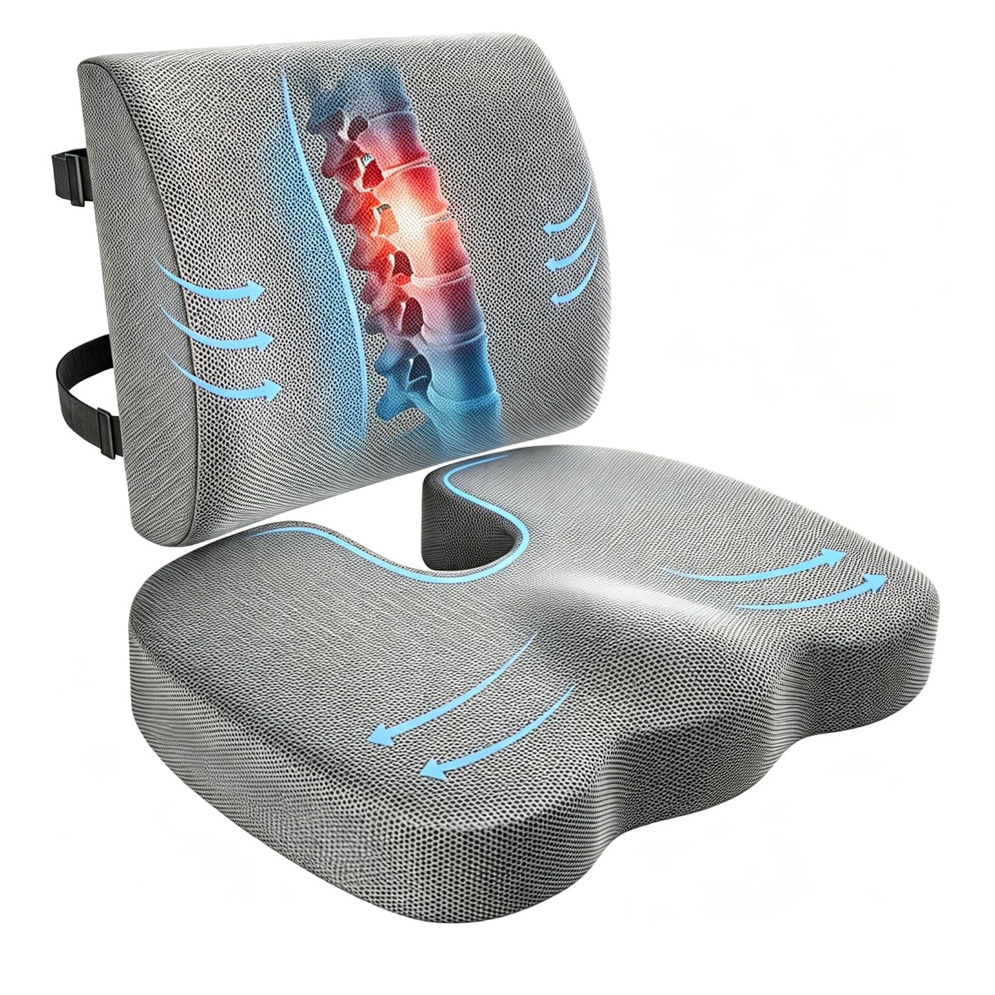 Seat Cushion & Lumbar Support Pillow, Memory Foam Coccyx Cushion for Tailbone Pain Sciatica Hemorrhoid Bum Lower Back Pain Relief
