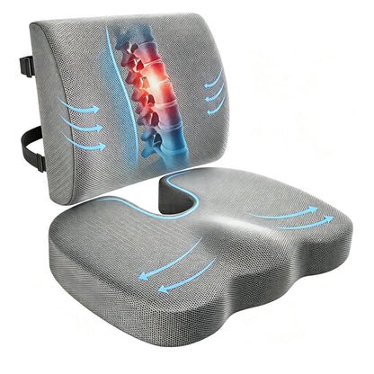 Seat Cushion & Lumbar Support Pillow, Memory Foam Coccyx Cushion for Tailbone Pain Sciatica Hemorrhoid Bum Lower Back Pain Relief