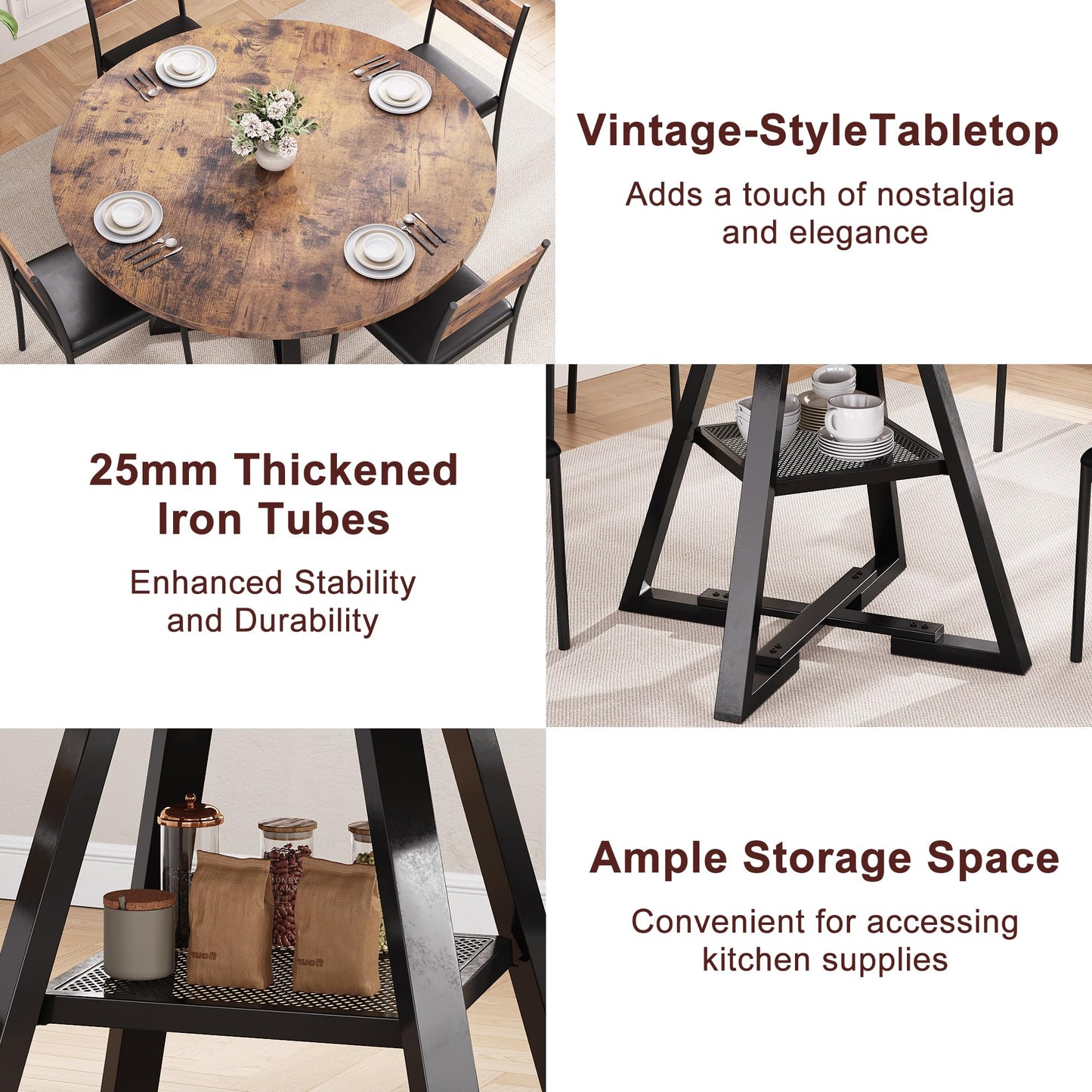 Jocoevol Round Dining Table for 4-6 People, Circle Dinner Table with Shelves, Space Saving Wood Kitchen & Dining Room Furniture (Vintage, 51 inch