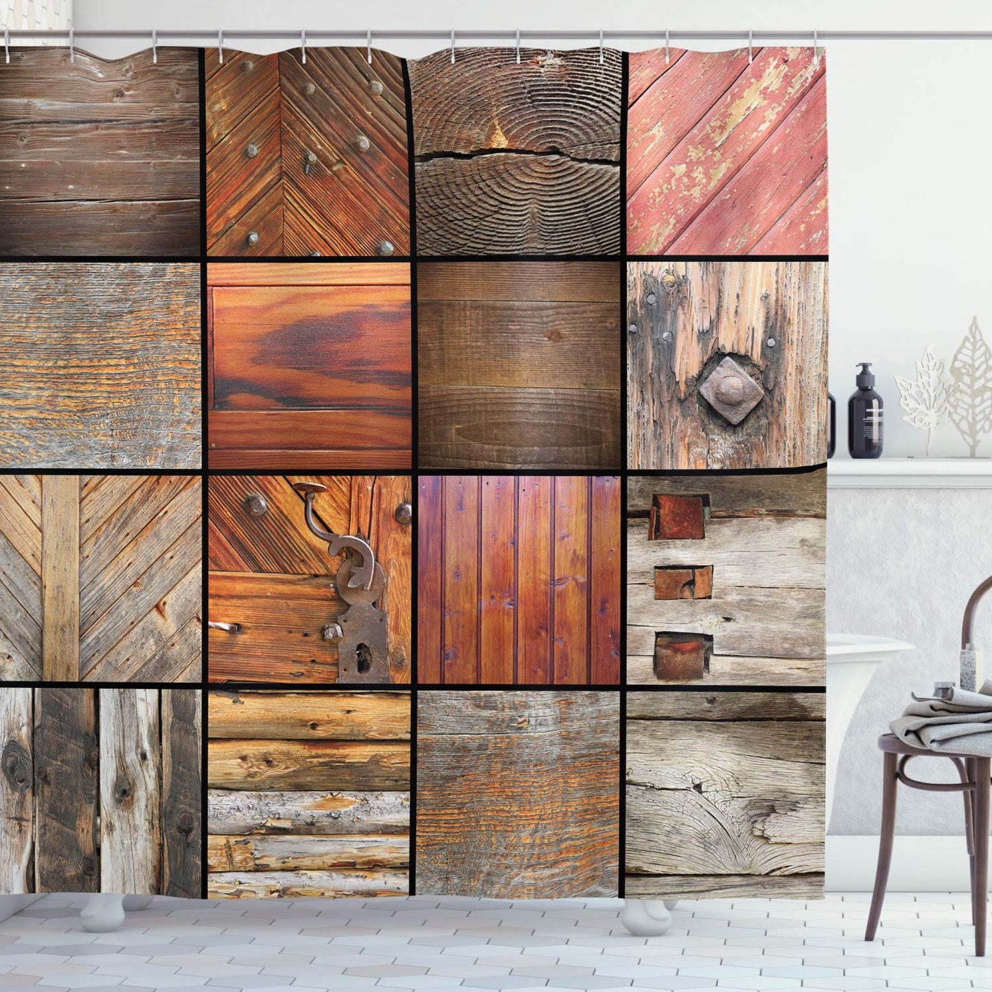 ABAKUHAUS Antique Shower Curtain, Assortment of Different Wooden Architecture Elements Timber Door Key Print, Cloth Fabric Bathroom Decor Set with