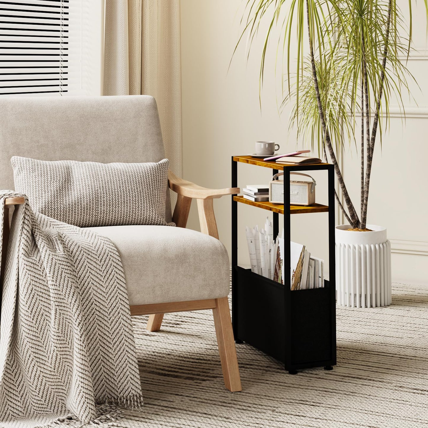 JERX Narrow Side Table with Fabric Basket, End Table for Small Spaces, Slim Side Table with Magazine Rack for Living Room Office Bedroom and Bathroom
