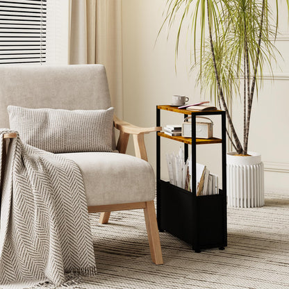 JERX Narrow Side Table with Fabric Basket, End Table for Small Spaces, Slim Side Table with Magazine Rack for Living Room Office Bedroom and Bathroom