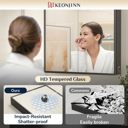 Keonjinn Bathroom Mirror Cabinets 90x60cm, Assembly Required, Black Aluminum Frame Mirrored Bathroom Cabinet Wall Mounted with Storage
