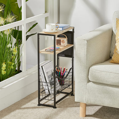 ZEXVIDA Narrow Side Table, 3-Tier Slim End Table with Magazine Holder and Fabric Storage