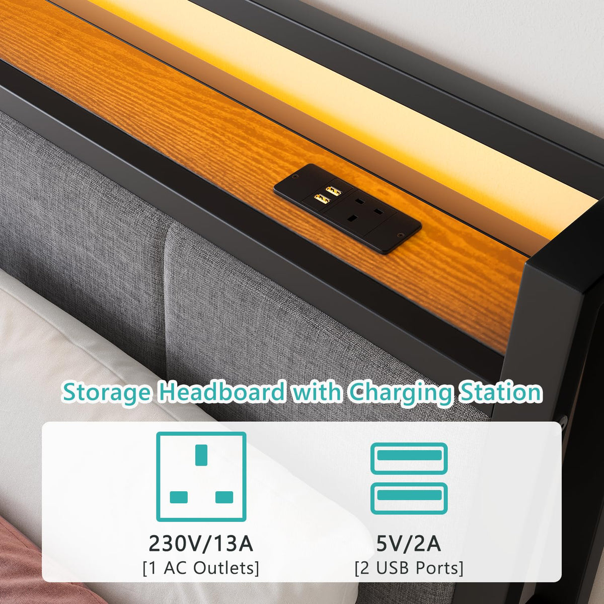 FOUBAM Double Bed Frame, 4FT6 Bed Frame Ergonomics Double with Charging Station and LED Lights