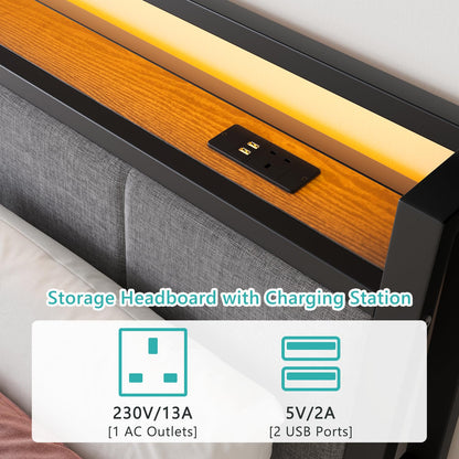 FOUBAM Double Bed Frame, 4FT6 Bed Frame Ergonomics Double with Charging Station and LED Lights