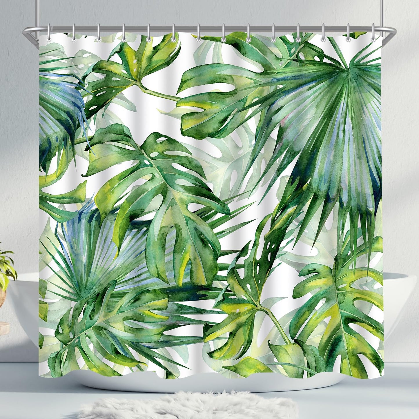 Lerores Shower Curtain, 180 x 200 cm, Green Leaves, Weighted Hem, Anti-Mould Textile, Waterproof, Washable Polyester Fabric Bath Curtains with Eyelets