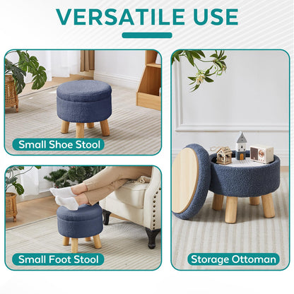 BRIAN & DANY Footstool with Storage, Small Storage Ottoman, Teddy Fleece Round Stool with Lid, Sherpa Foot Stool with Legs for Living Room Entryway