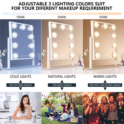 TUREWELL Hollywood Makeup Mirror with Lights,Large Lighted Vanity Mirror with 3 Color Light & 9 Dimmable Led Bulbs,Smart Lighted Touch Control Screen