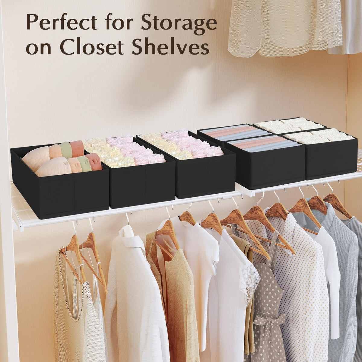 DIMJ Drawer Dividers for Clothes, Wardrobe Storage Organiser, 4 Pack, Black