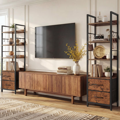 YITAHOME Industrial Bookshelf, 4-Tier Bookcase with Adjustable Shelves & 2 Fabric Drawers