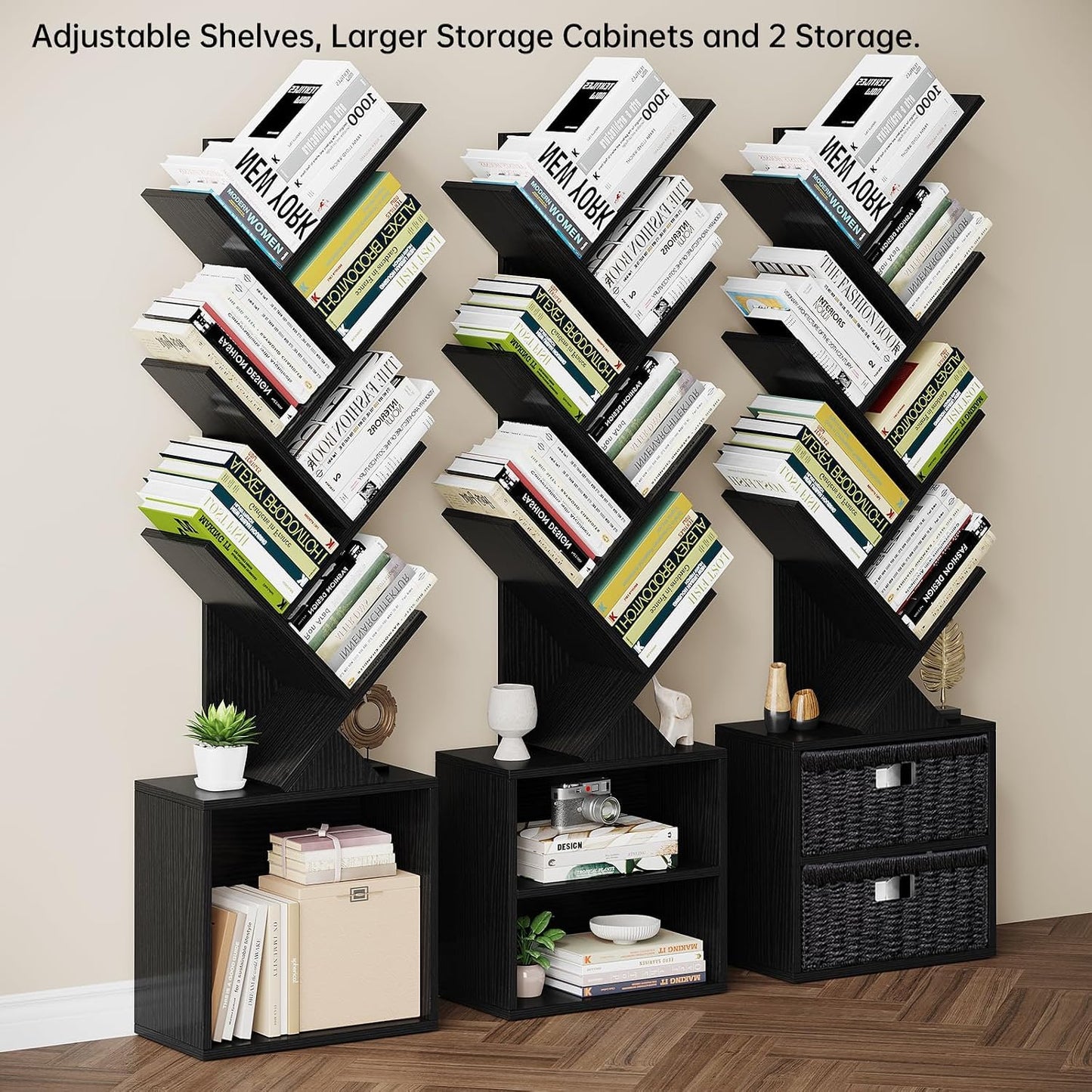 Vagusicc 6 Tier Tree Bookshelf, Modern Floor Standing Bookcase with Storage Drawer, Space Saving Storage Organizer Book Shelves for Books