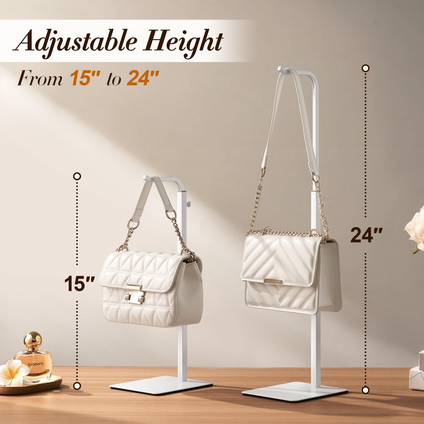 pickpiff 3 Pack Purse Holder Handbag Display Stand: White Hanger Rack for Bags, Purses, and Wreath, Adjustable Hook Stand for Tabletop, Closet