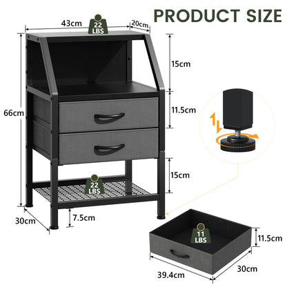 Feonase Bedside Table with 2 Fabric Drawers, Bedside Cabinet With 3-Tier Storage, Sturdy Metal Frame, Living Room Modern, Deep Grey