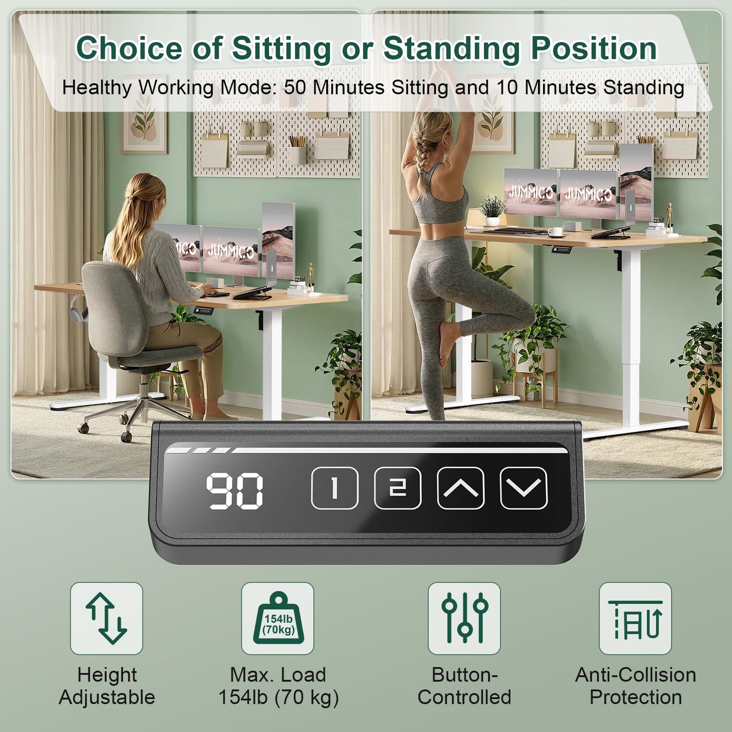 JUMMICO Electric Standing Desk 100 x 60 cm Home Office Height Adjustable Desk, Computer Lift Table with Smart Panel