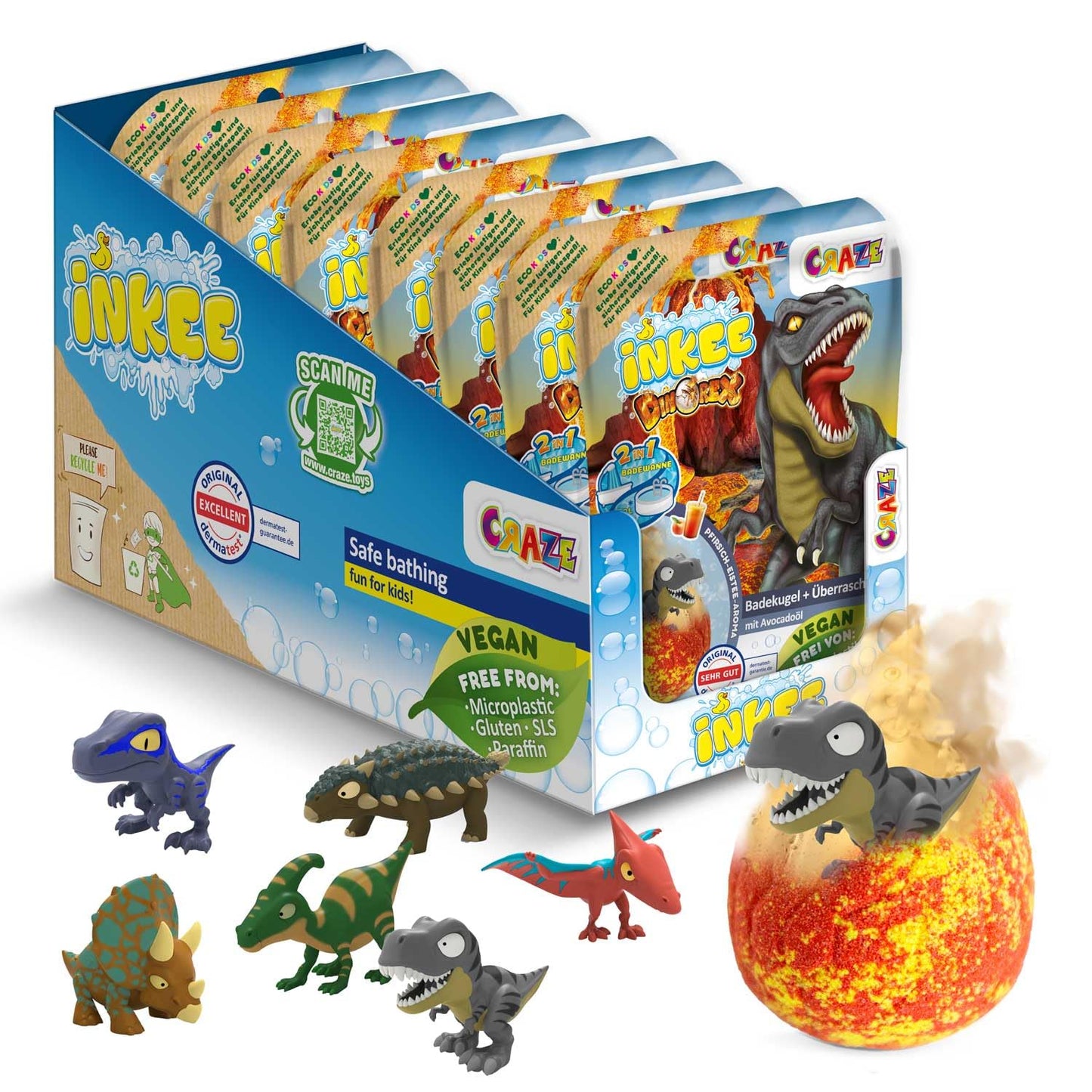 INKEE Surprise Dino Bath Bombs for Kids ? 8 Pack Egg-Shaped Bath Bombs with Hidden Dinosaur Toys, Peach Iced Tea Scent ? Fun Bubble Bath Gift Set for
