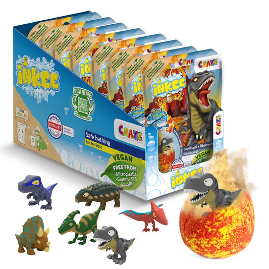 INKEE Surprise Dino Bath Bombs for Kids ? 8 Pack Egg-Shaped Bath Bombs with Hidden Dinosaur Toys, Peach Iced Tea Scent ? Fun Bubble Bath Gift Set for
