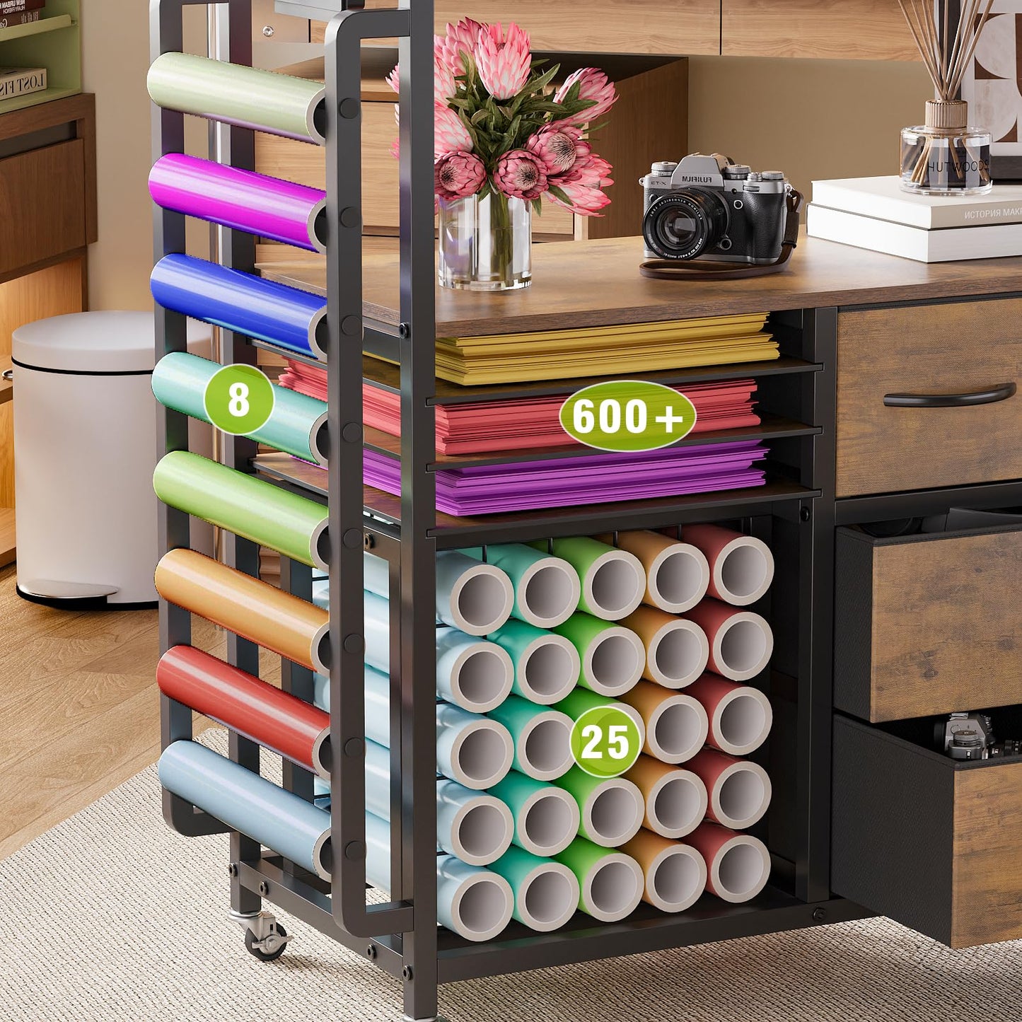 VEDECASA Large Craft Storage Rolling Cart for Cricut Machine, Craft Organizer Trolley with Fabric Drawers, Vinyl Roll Holder