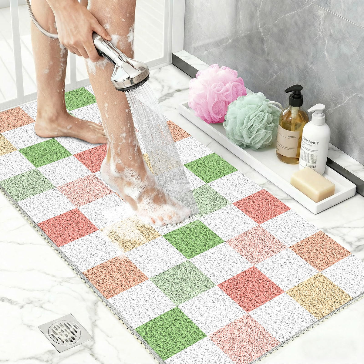 BLESWIN Large Shower Mat Non Slip 50x80CM, Checkered Shower Quick Dry Mats with Drain Hole, Antibacterial PVC Bath Mat for Inside Shower