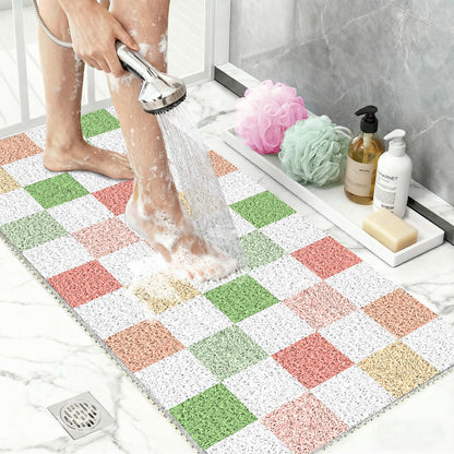 BLESWIN Large Shower Mat Non Slip 50x80CM, Checkered Shower Quick Dry Mats with Drain Hole, Antibacterial PVC Bath Mat for Inside Shower