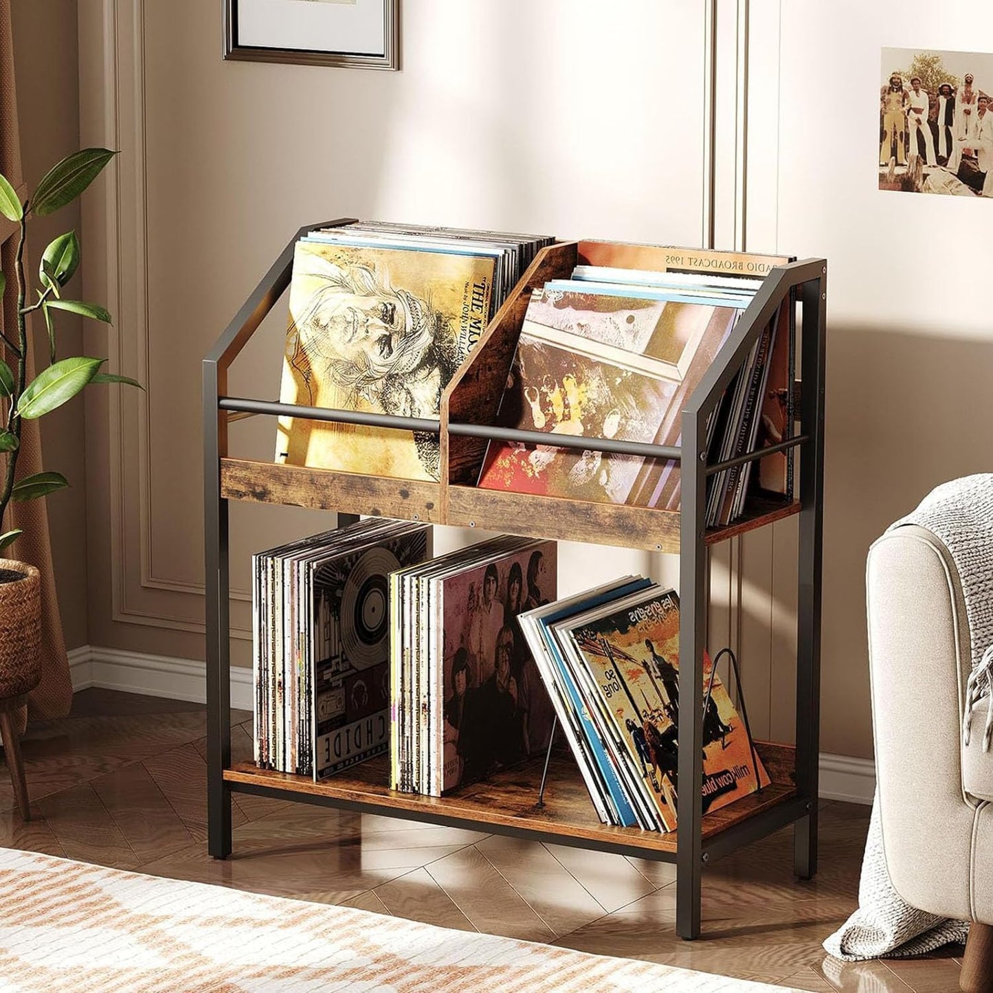 CHOEZON 2-Tier Vinyl Record Storage Holder Rack, 250 LP Albums Display Shelf, Wooden Vinyl Storage Rack with Wire Dividers for Records, CDs, Books