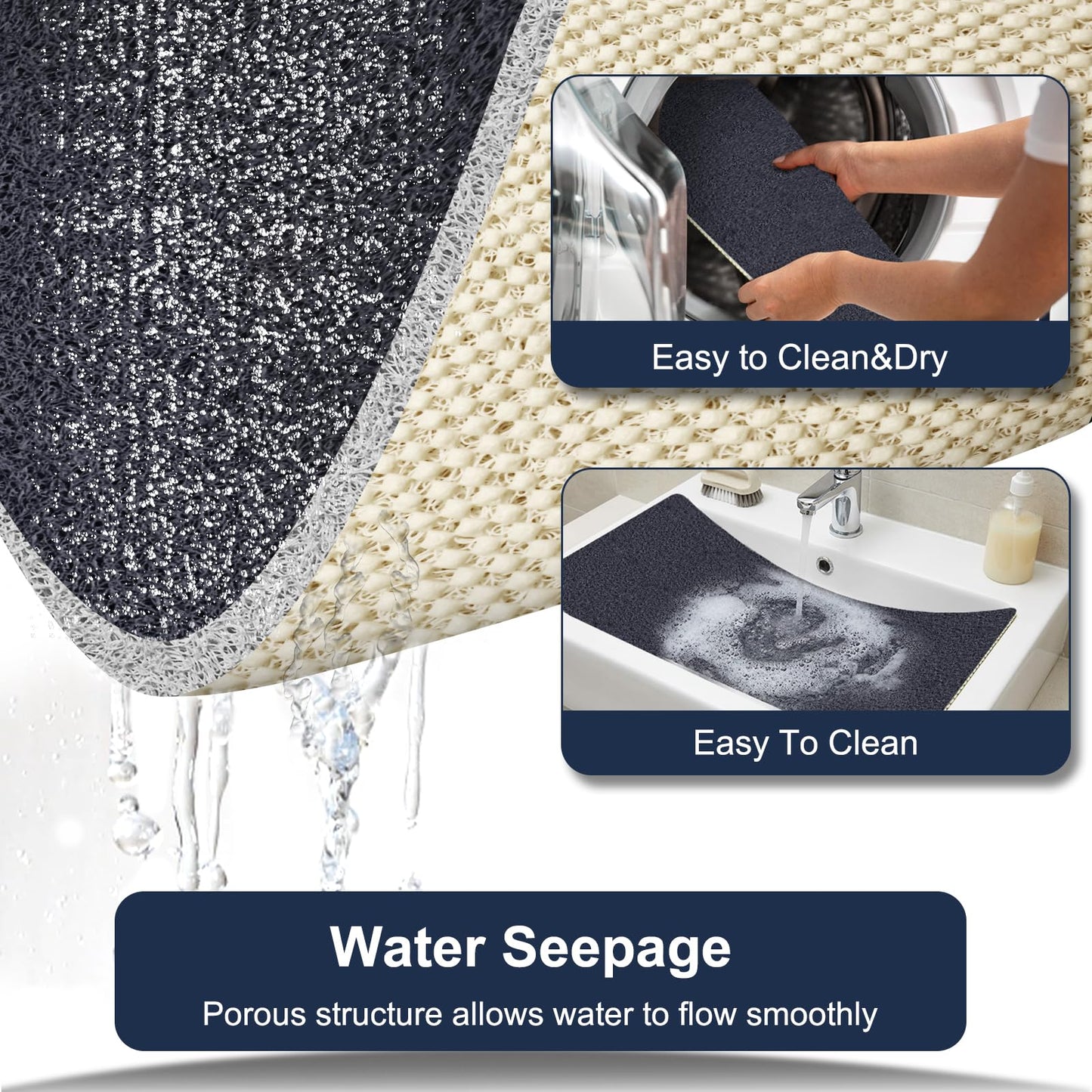 BLESWIN Shower Mat Non Slip 60x60CM, Shower Quick Dry Mats with Drain Hole, Square Antibacterial PVC Bath Mat for Inside Shower