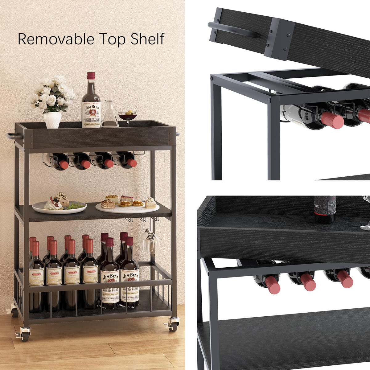 Bar Cart, 3 Tier Serving Trolley, Rolling Wine Trolley, Drinks Trolley