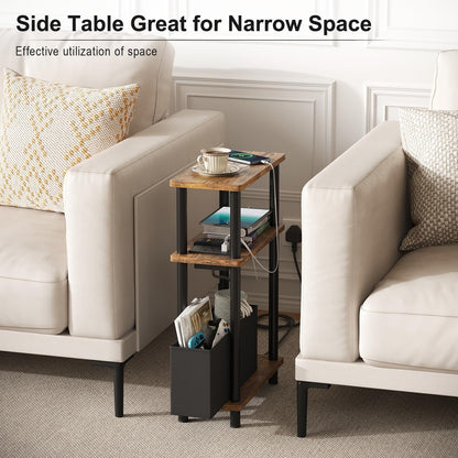 APICIZON Narrow Side Table, 3 Tier Bed Side Table, Slim End Table with Charging Station, for Living Room, Bedroom