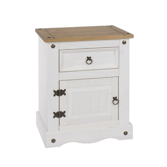 Home Source Solid Pine Bedside Cabinet, 1 Door,1 Drawer Night Stand Bedroom Storage, White
