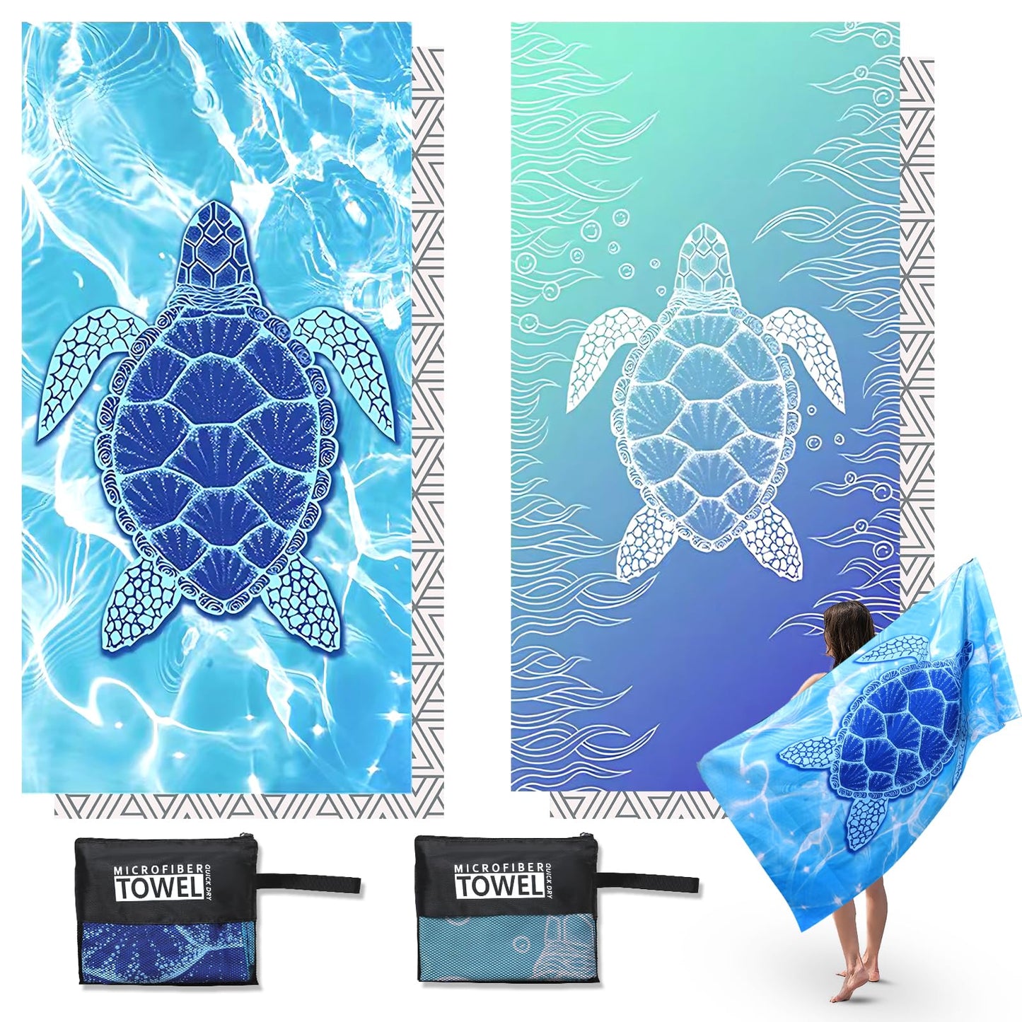Anavasi 2 Pack Microfibre Beach Towels for Adults, 180 x 90 cm with Net Bag