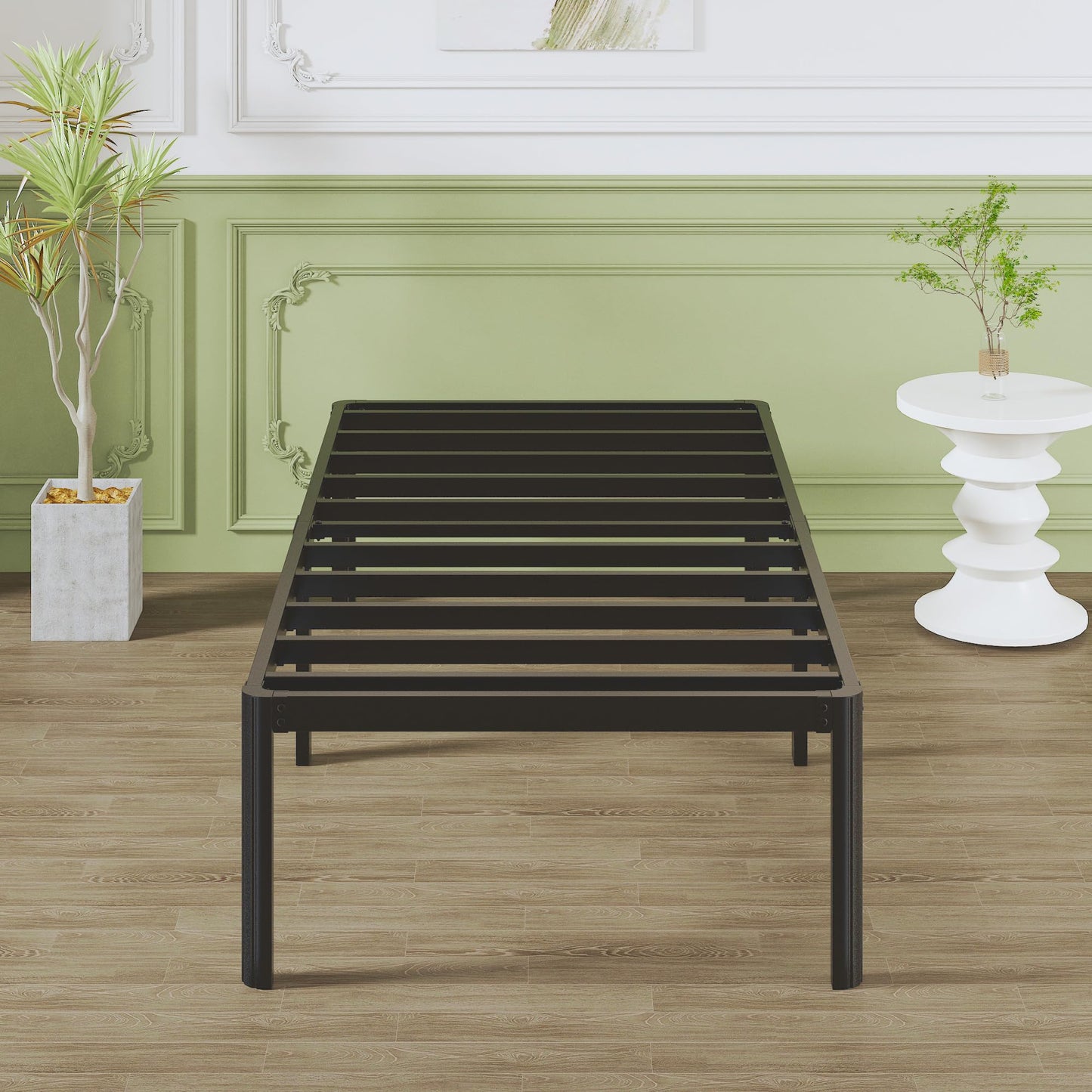 Lutown-Teen High Metal Bed 90 x 200 cm with Round Legs, 46 cm Height Bed Frame Single Bed with High Metal Slatted Frame, Black