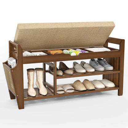 Pamapic Shoe Storage Bench, Bamboo Shoe Bench with Padded Seat, Shoe Storage Cabinet with 3 Compartments, Hidden Storage, Shelf for Entryway
