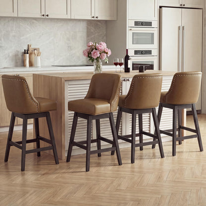 Bar Stools Set of 4, 360° Swivel Upholstered Counter Stools with Back, Wooden Frame Kitchen Bar Chairs with Nailhead Trim