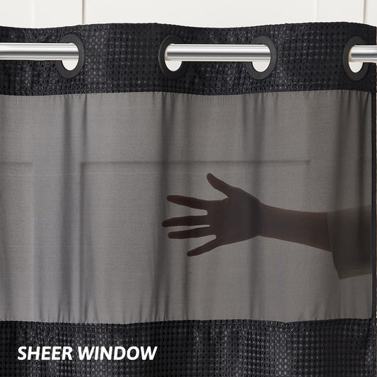 Furlinic Shower Curtain Hookless Black Jacquard Waffle Fabric 75inch Long Weighted Anti Mould with White Polyester Snap in Liner and Mesh Curtains