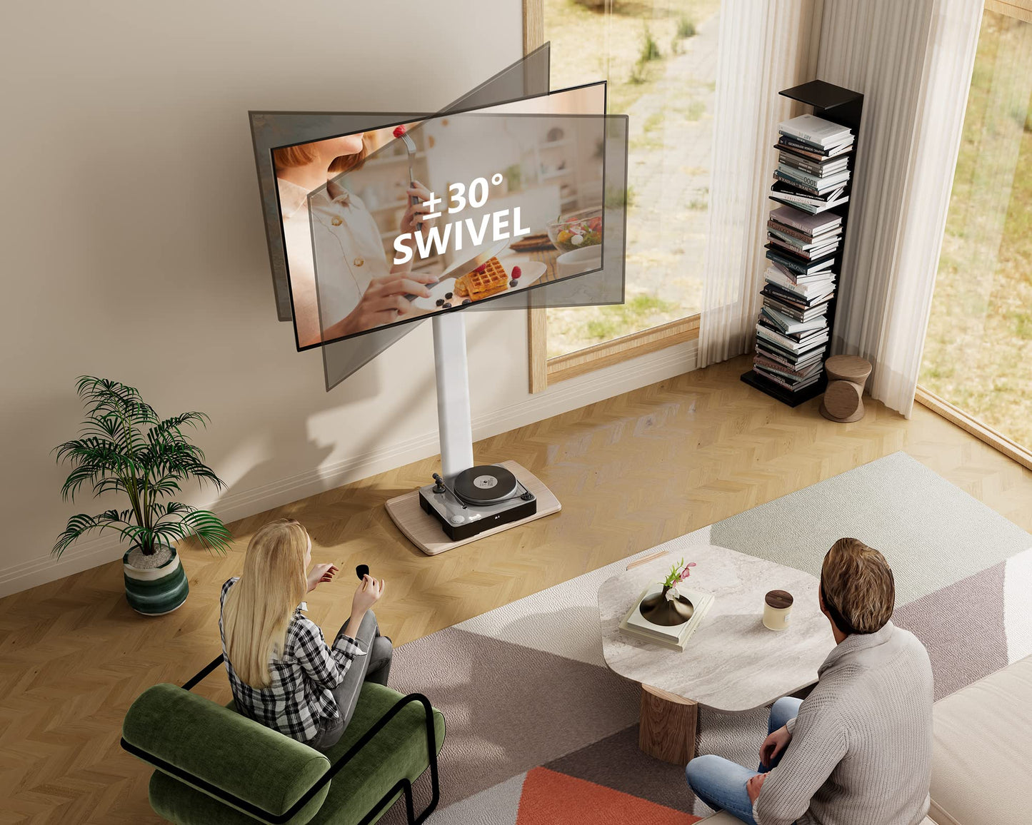 FITUEYES White TV Floor Stand with 20mm Wood Base for 32-70 Inch TV