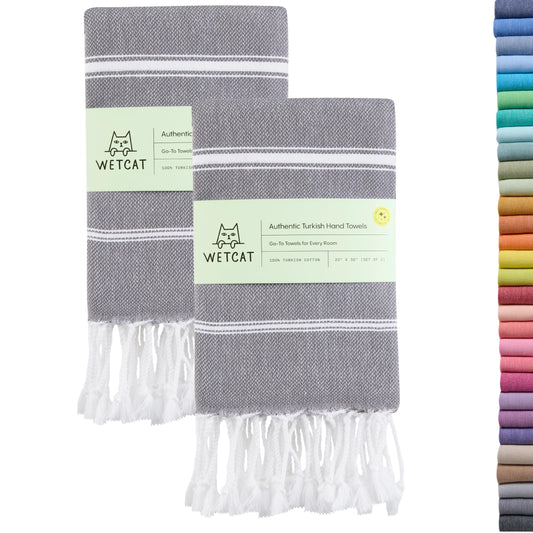 WETCAT Turkish Hand Towels with Hanging Loop (20 x 30) - Set of 2, 100% Cotton, Soft - Prewashed Farmhouse Boho Hand Towels for Bathroom - Unique Dark