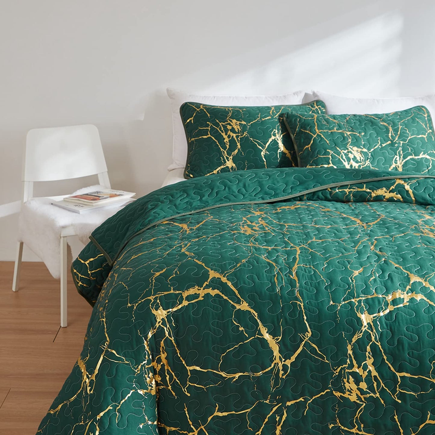 Bedspread King Size Green Quilted Bedspread Gold Marble Printed Luxury Soft Microfiber Bedspreads Coverlet All Season Bedding Set