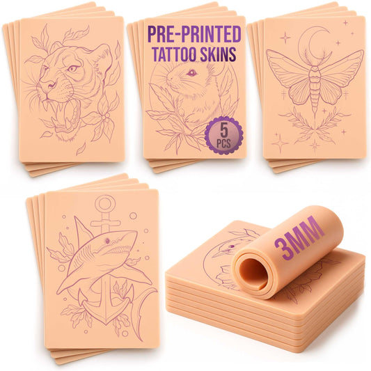 5 Pre-Printed Tattoo Practice Skins | Free Tutorial | 3mm Fake Skins for Tattooing (Neo-Traditional Set of 5, Normal Skin)