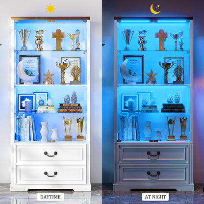 FREDEES LED Display Cabinet with Glass Doors and Drawers, White