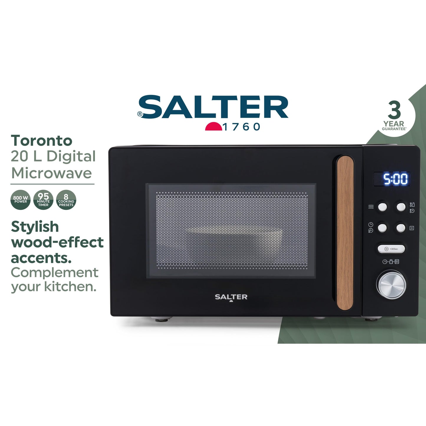 Salter EK5932BLK Toronto 20L Digital Microwave  95-Minute Timer, Defrost, 25.5cm Glass Turntable, 8 Auto-Function Presets, LED Display, Wood-Effect