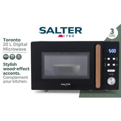 Salter EK5932BLK Toronto 20L Digital Microwave  95-Minute Timer, Defrost, 25.5cm Glass Turntable, 8 Auto-Function Presets, LED Display, Wood-Effect